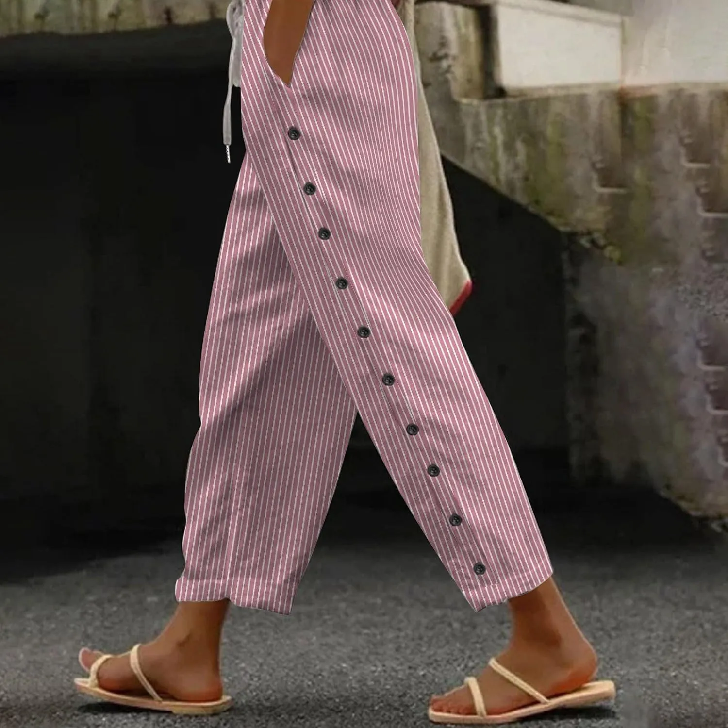 Linen Pants for Women 2025 Striped Drawstring Button Down Straight Wide Leg Trousers Casual Loose Baggy Ankle Pants