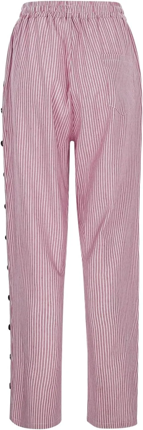 Linen Pants for Women 2025 Striped Drawstring Button Down Straight Wide Leg Trousers Casual Loose Baggy Ankle Pants