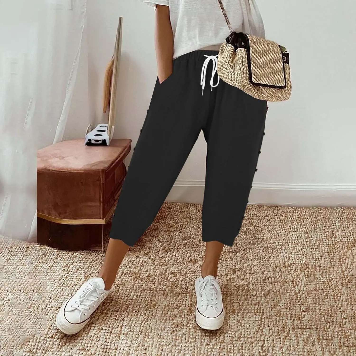 Linen Pants for Women 2025 Summer High Waist Elastic Straight Leg Lounge Pant Casual Loose Buttons Beach Trousers