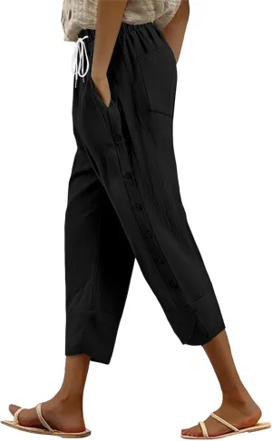 Linen Pants for Women 2025 Summer High Waist Elastic Straight Leg Lounge Pant Casual Loose Buttons Beach Trousers