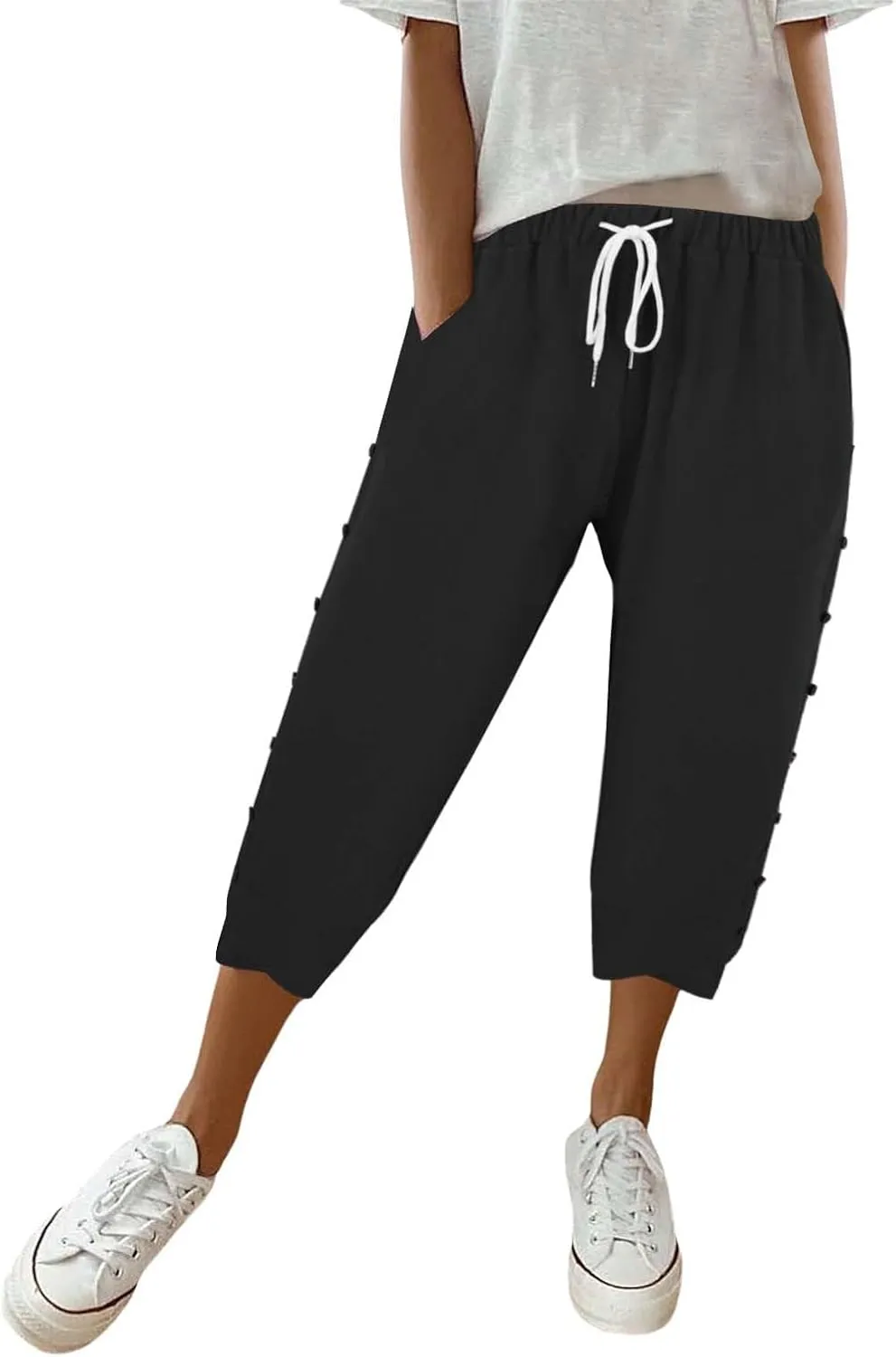 Linen Pants for Women 2025 Summer High Waist Elastic Straight Leg Lounge Pant Casual Loose Buttons Beach Trousers