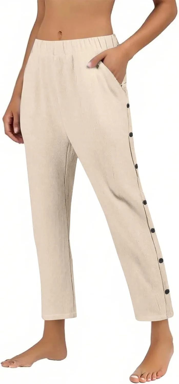 Linen Pants for Women 2025 Trendy High Waisted Wide Leg Trousers Striped Side Button Elastic Waist Summer Gauze Pants