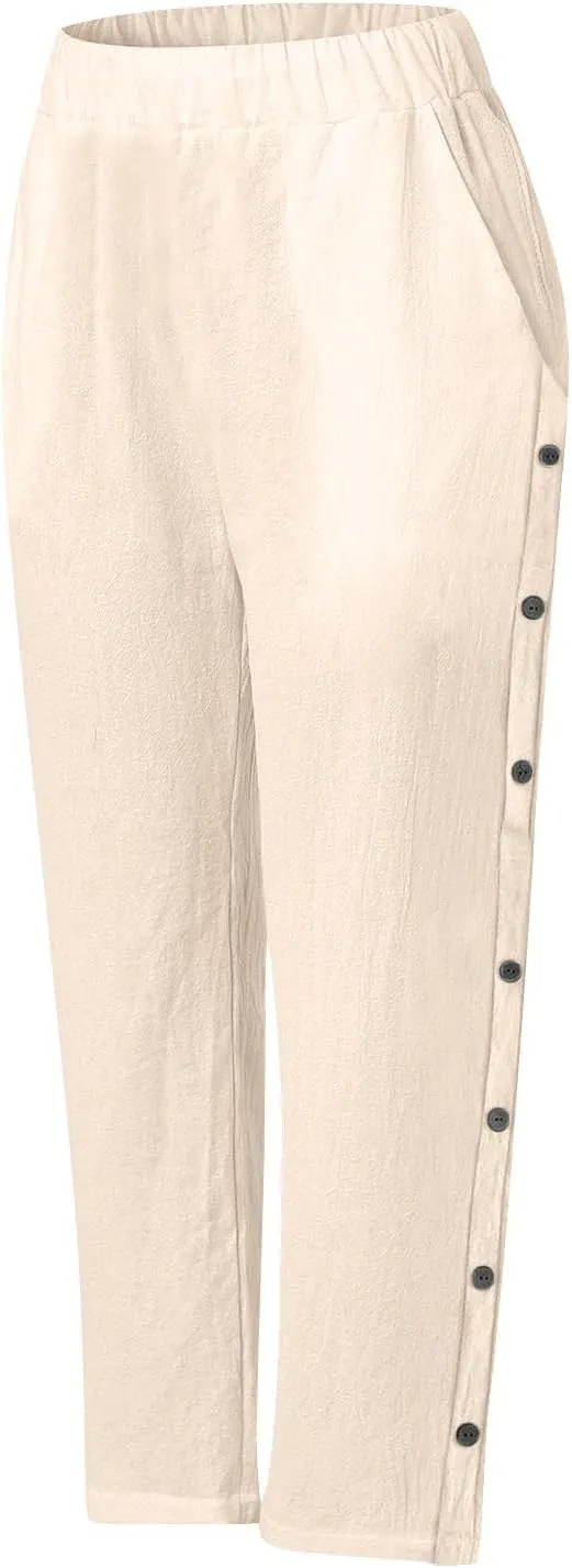 Linen Pants for Women 2025 Trendy High Waisted Wide Leg Trousers Striped Side Button Elastic Waist Summer Gauze Pants