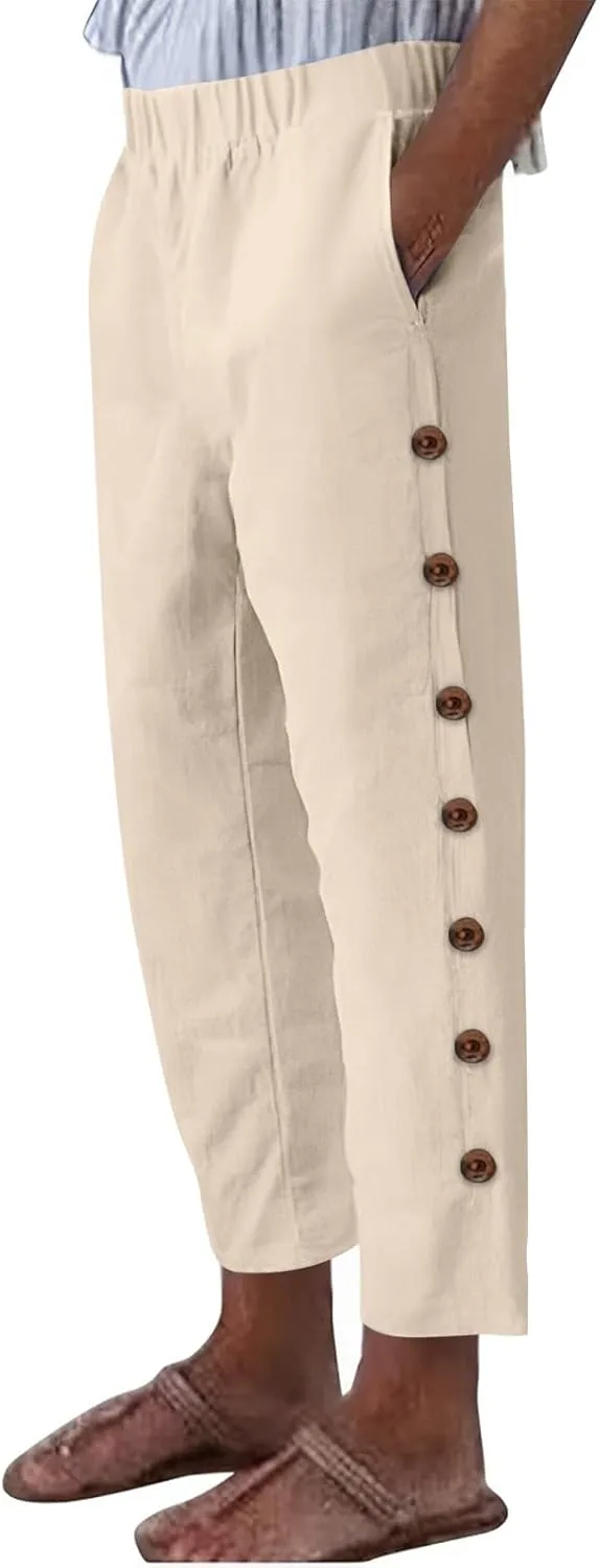 Linen Pants for Women 2025 Trendy High Waisted Wide Leg Trousers Striped Side Button Elastic Waist Summer Gauze Pants