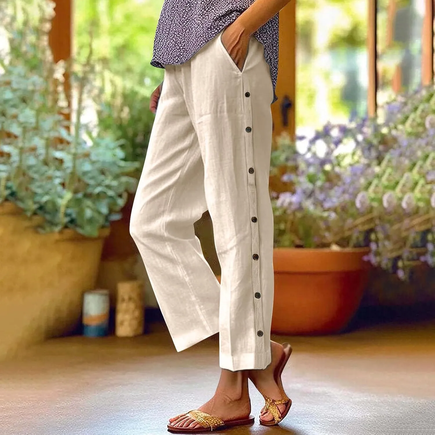 Linen Pants for Women 2025 Trendy High Waisted Wide Leg Trousers Striped Side Button Elastic Waist Summer Gauze Pants