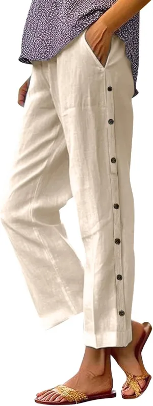 Linen Pants for Women 2025 Trendy High Waisted Wide Leg Trousers Striped Side Button Elastic Waist Summer Gauze Pants