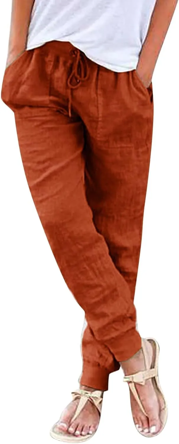 Linen Pants for Women Casual 2024 Summer Drawstring Elastic High Waist Palazzo Pants Straight Wide Leg Lounge