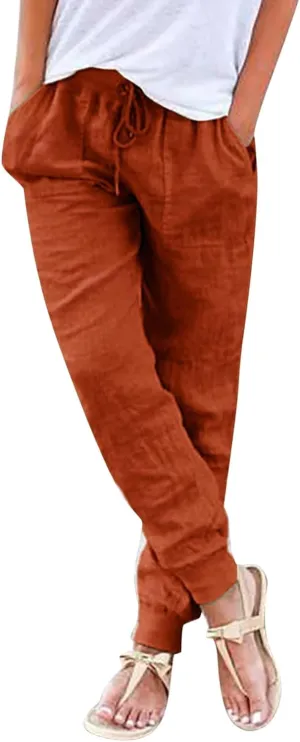 Linen Pants for Women Casual 2024 Summer Drawstring Elastic High Waist Palazzo Pants Straight Wide Leg Lounge