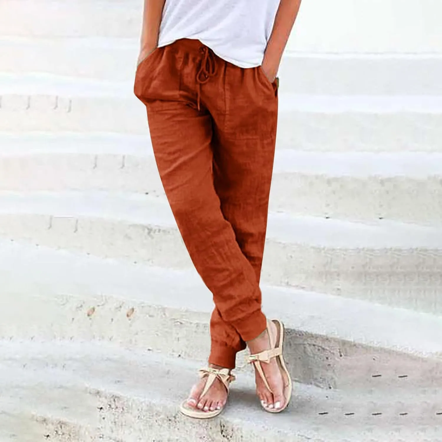 Linen Pants for Women Casual 2024 Summer Drawstring Elastic High Waist Palazzo Pants Straight Wide Leg Lounge