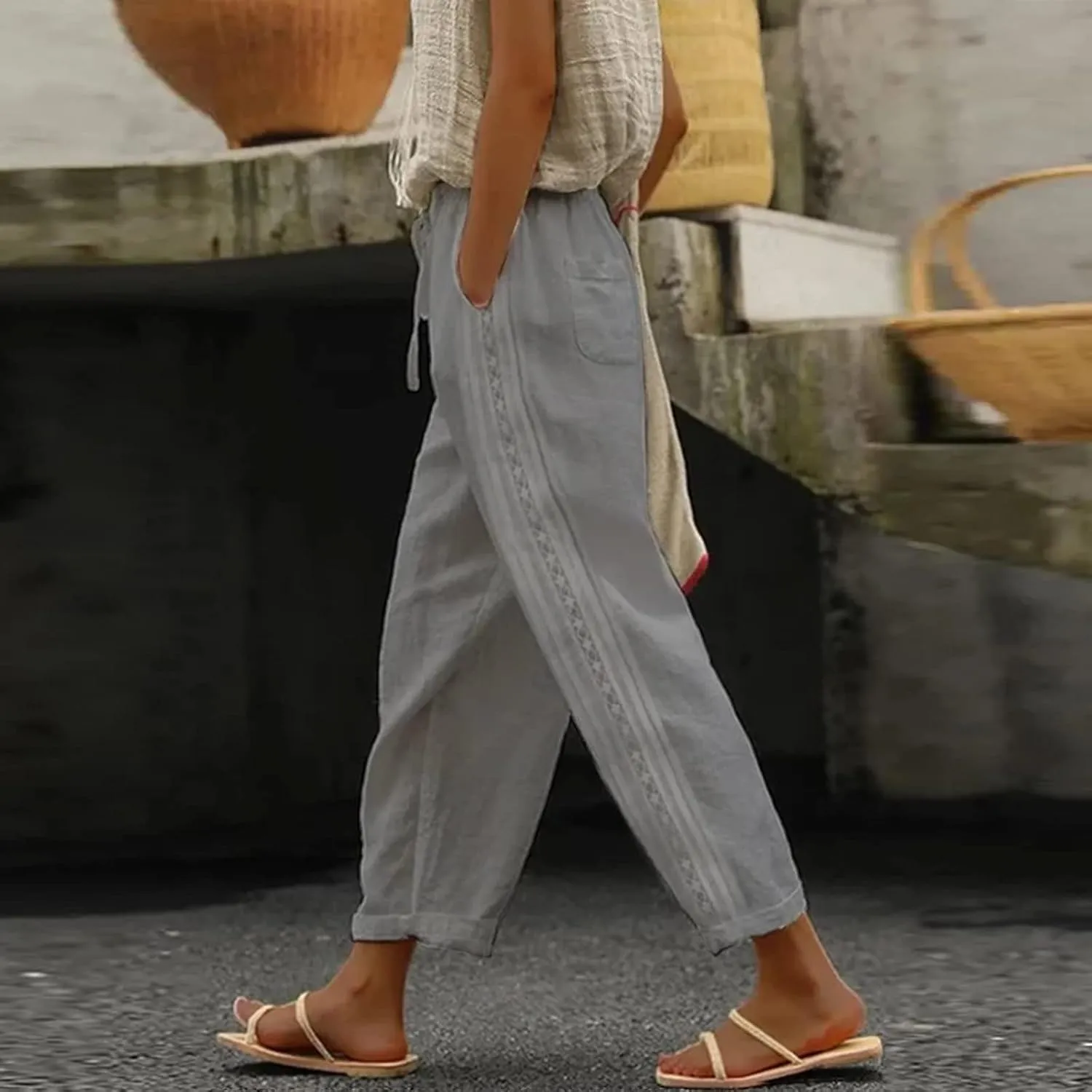 Linen Pants for Women, Casual Pants Peasant Straight Leg Linen Trendy Elastic
