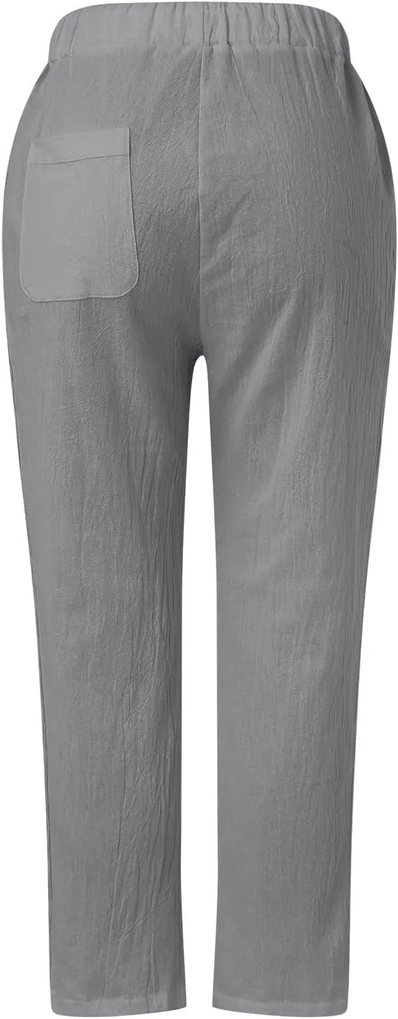 Linen Pants for Women, Casual Pants Peasant Straight Leg Linen Trendy Elastic