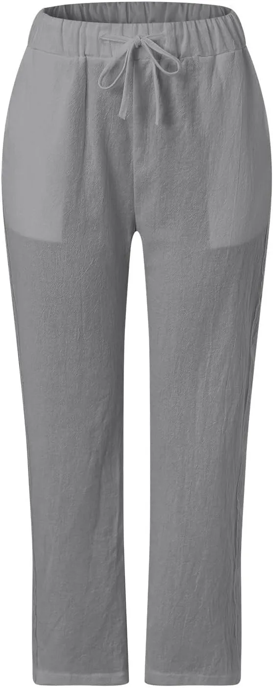 Linen Pants for Women, Casual Pants Peasant Straight Leg Linen Trendy Elastic