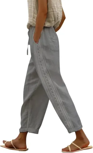 Linen Pants for Women, Casual Pants Peasant Straight Leg Linen Trendy Elastic