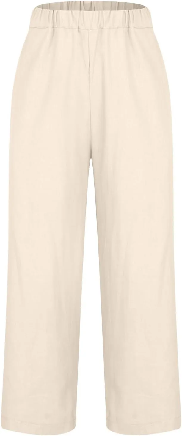 Linen Pants for Women Elastic High Waist Summer Capri Pants Straight Leg Loose Casual Cropped Trousers with Pockets