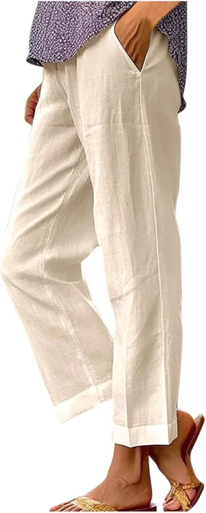Linen Pants for Women Elastic High Waist Summer Capri Pants Straight Leg Loose Casual Cropped Trousers with Pockets