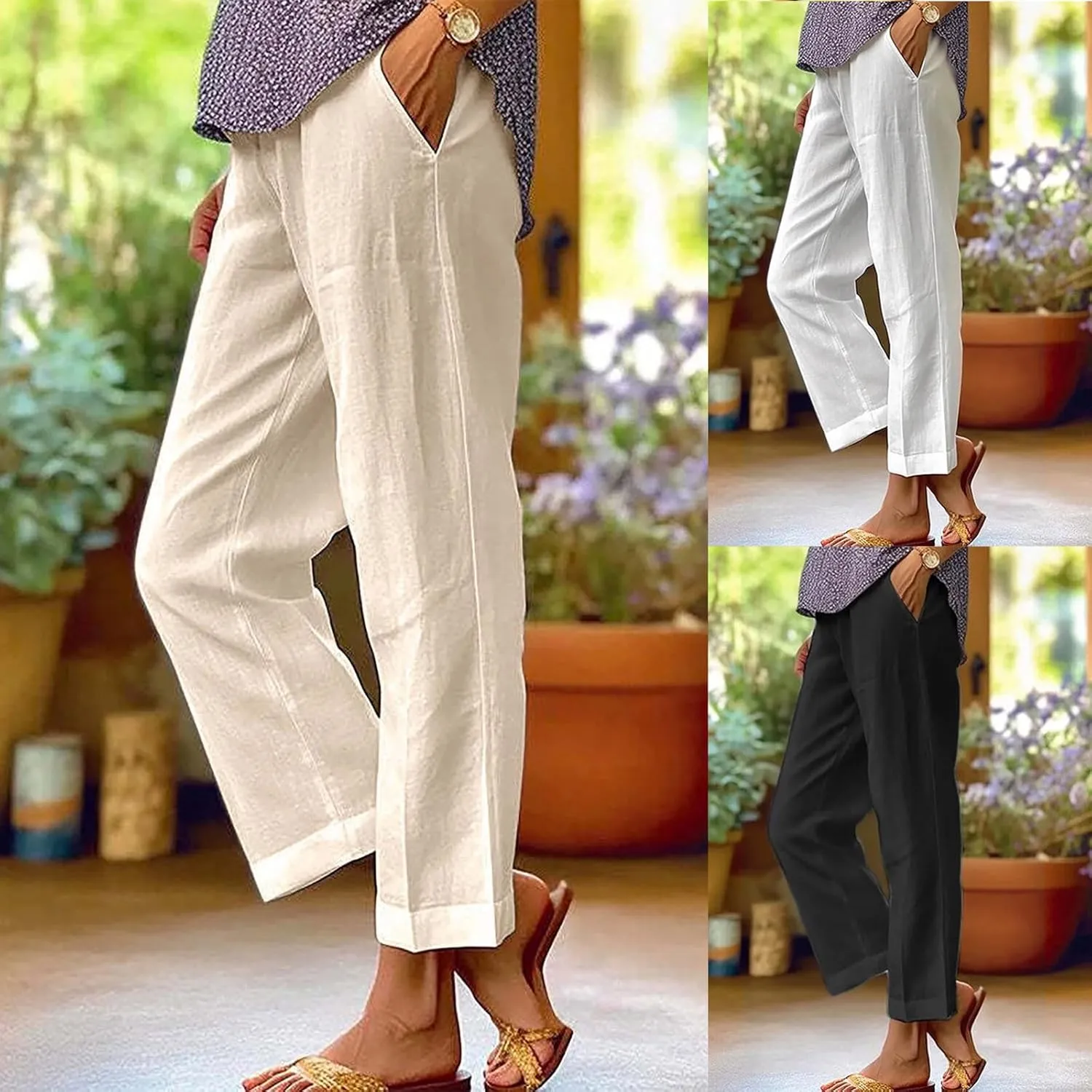 Linen Pants for Women Elastic High Waist Summer Capri Pants Straight Leg Loose Casual Cropped Trousers with Pockets