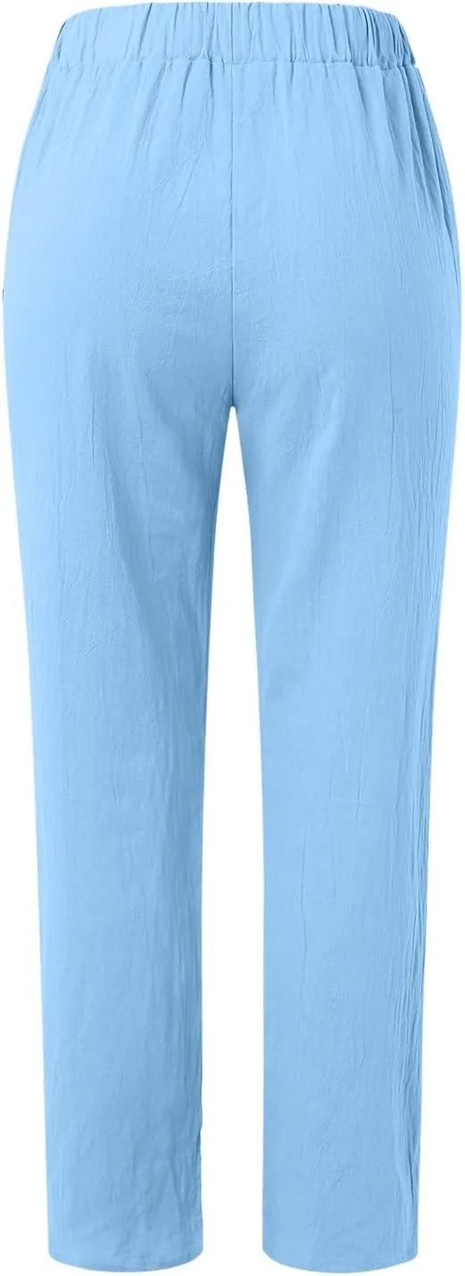 Linen Pants for Women Summer Casual Elastic High Waisted Straight Leg Lounge Pants Beach Loose Lightweight Trousers