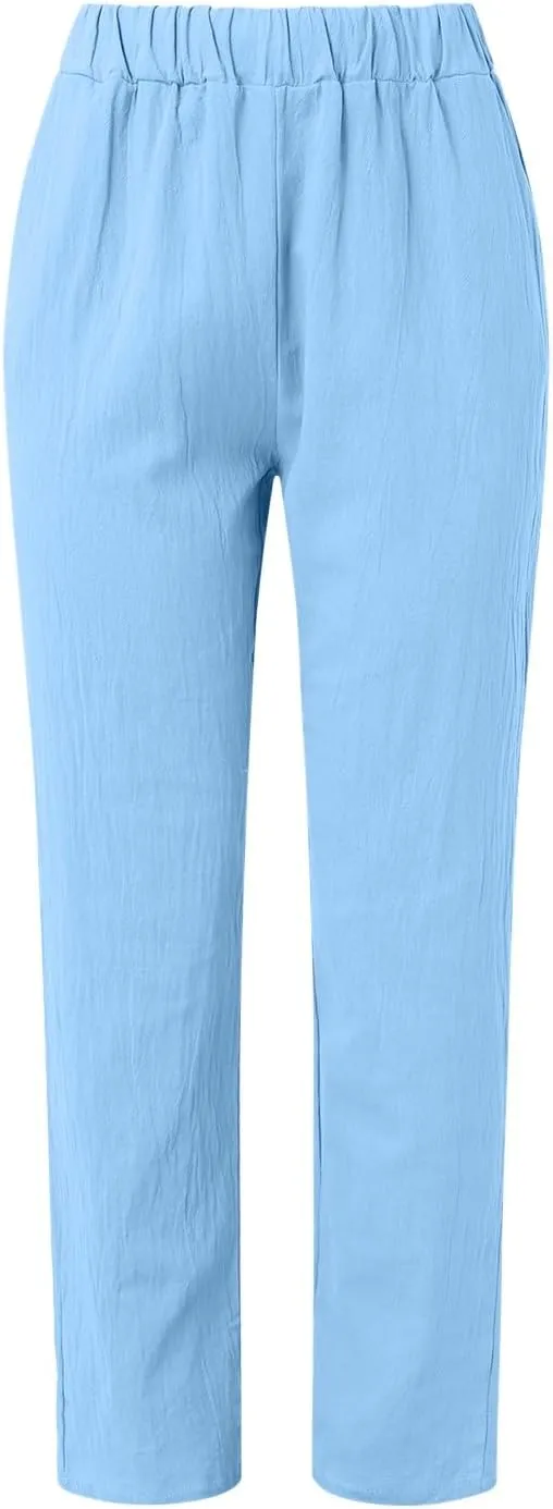 Linen Pants for Women Summer Casual Elastic High Waisted Straight Leg Lounge Pants Beach Loose Lightweight Trousers