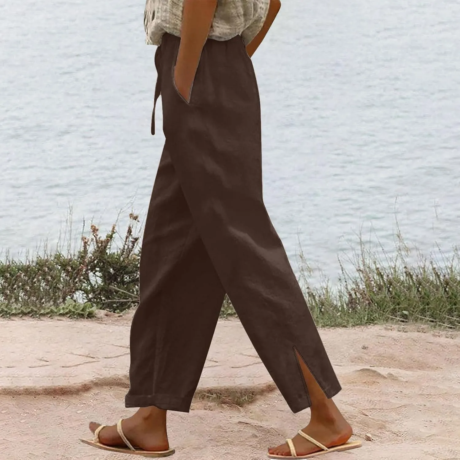 Linen Pants for Women Summer Elastic High Waist Lounge Pant Casual Lightweight Capris Trousers Straight Leg Slacks