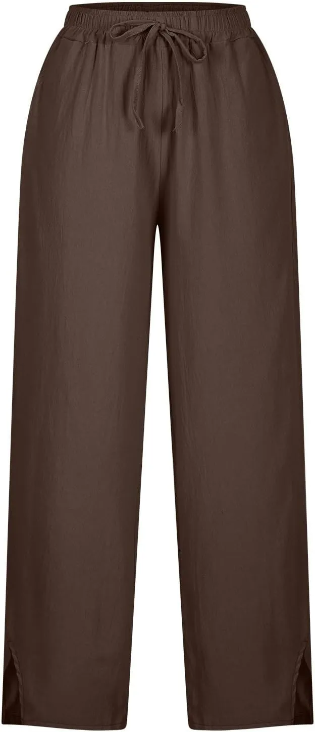 Linen Pants for Women Summer Elastic High Waist Lounge Pant Casual Lightweight Capris Trousers Straight Leg Slacks