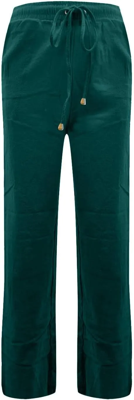 Linen Pants for Women Summer Loose Fit Straight Leg Lounge Pants with Pockets Drawstring Elastic Waist Trousers Pants