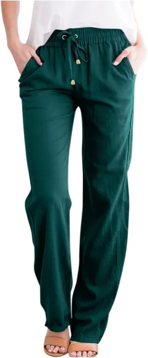 Linen Pants for Women Summer Loose Fit Straight Leg Lounge Pants with Pockets Drawstring Elastic Waist Trousers Pants