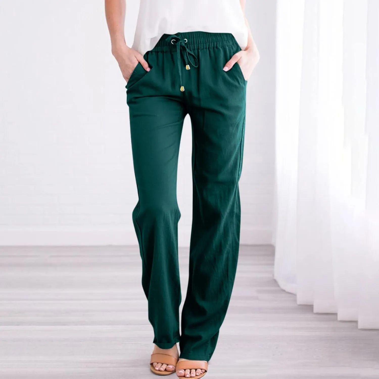 Linen Pants for Women Summer Loose Fit Straight Leg Lounge Pants with Pockets Drawstring Elastic Waist Trousers Pants