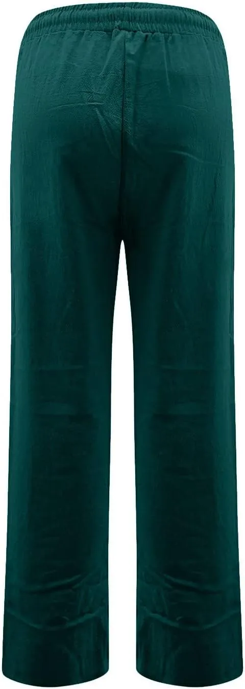 Linen Pants for Women Summer Loose Fit Straight Leg Lounge Pants with Pockets Drawstring Elastic Waist Trousers Pants