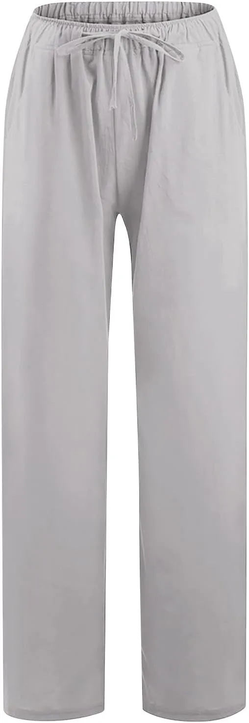 Linen Pants for Women Summer Solid Elastic Waist Wide Leg Loose Casual Vacation Beach Palazzo Pants with Pockets