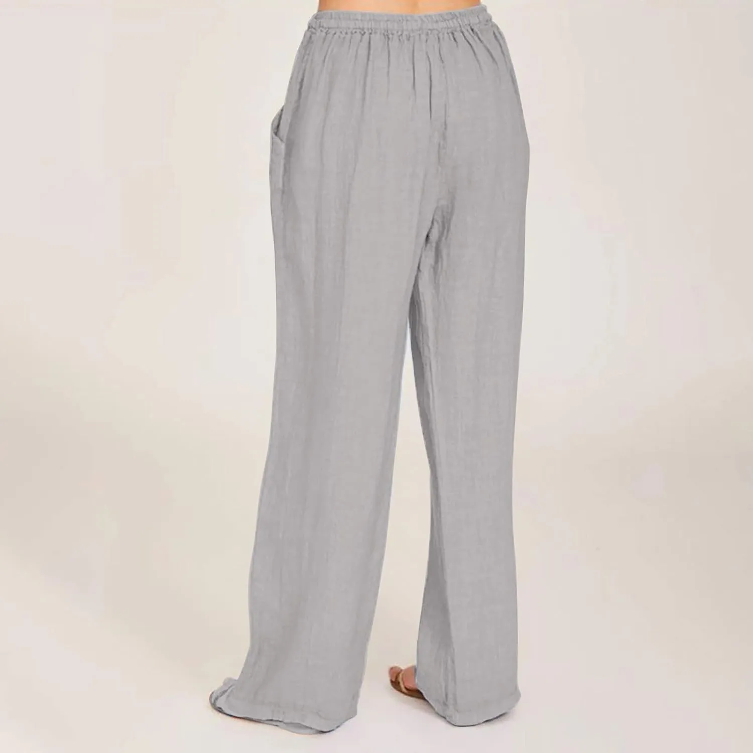 Linen Pants for Women Summer Solid Elastic Waist Wide Leg Loose Casual Vacation Beach Palazzo Pants with Pockets