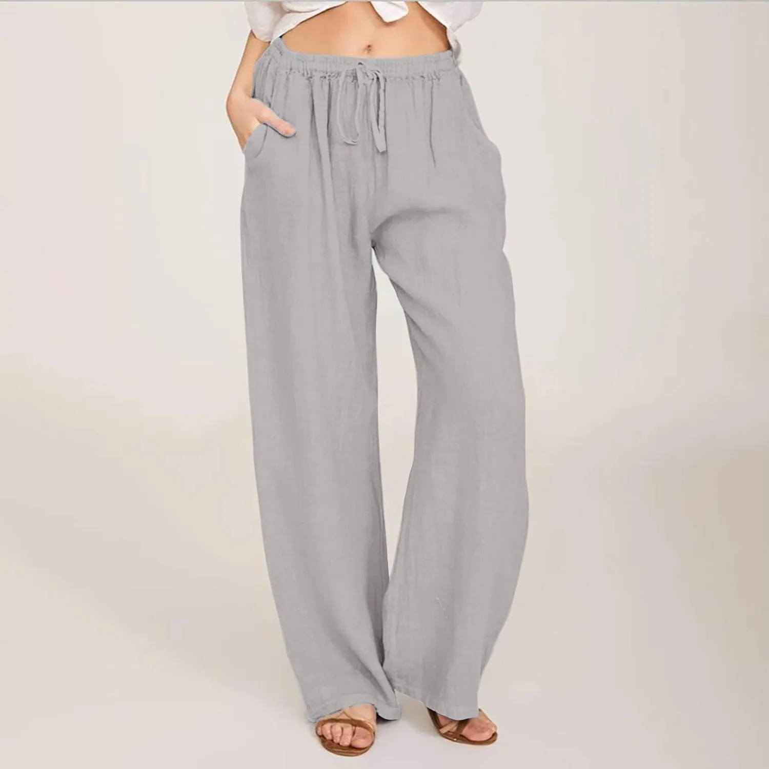 Linen Pants for Women Summer Solid Elastic Waist Wide Leg Loose Casual Vacation Beach Palazzo Pants with Pockets