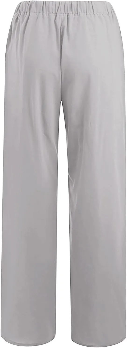 Linen Pants for Women Summer Solid Elastic Waist Wide Leg Loose Casual Vacation Beach Palazzo Pants with Pockets