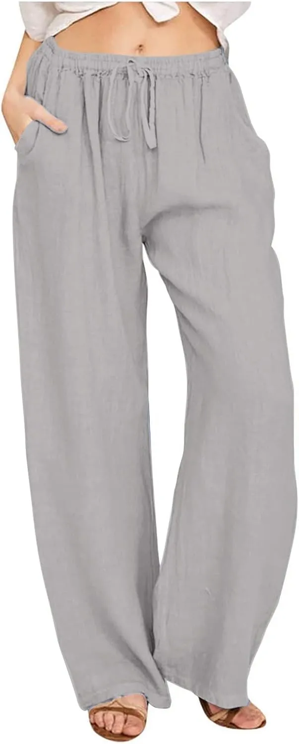 Linen Pants for Women Summer Solid Elastic Waist Wide Leg Loose Casual Vacation Beach Palazzo Pants with Pockets