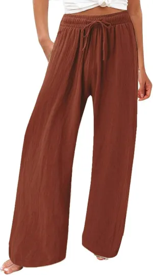 Linen Pants for Women Summer Wide Leg Palazzo Pants Drawstring Elastic Waist Loose Boho Pants Casual Beach Trousers