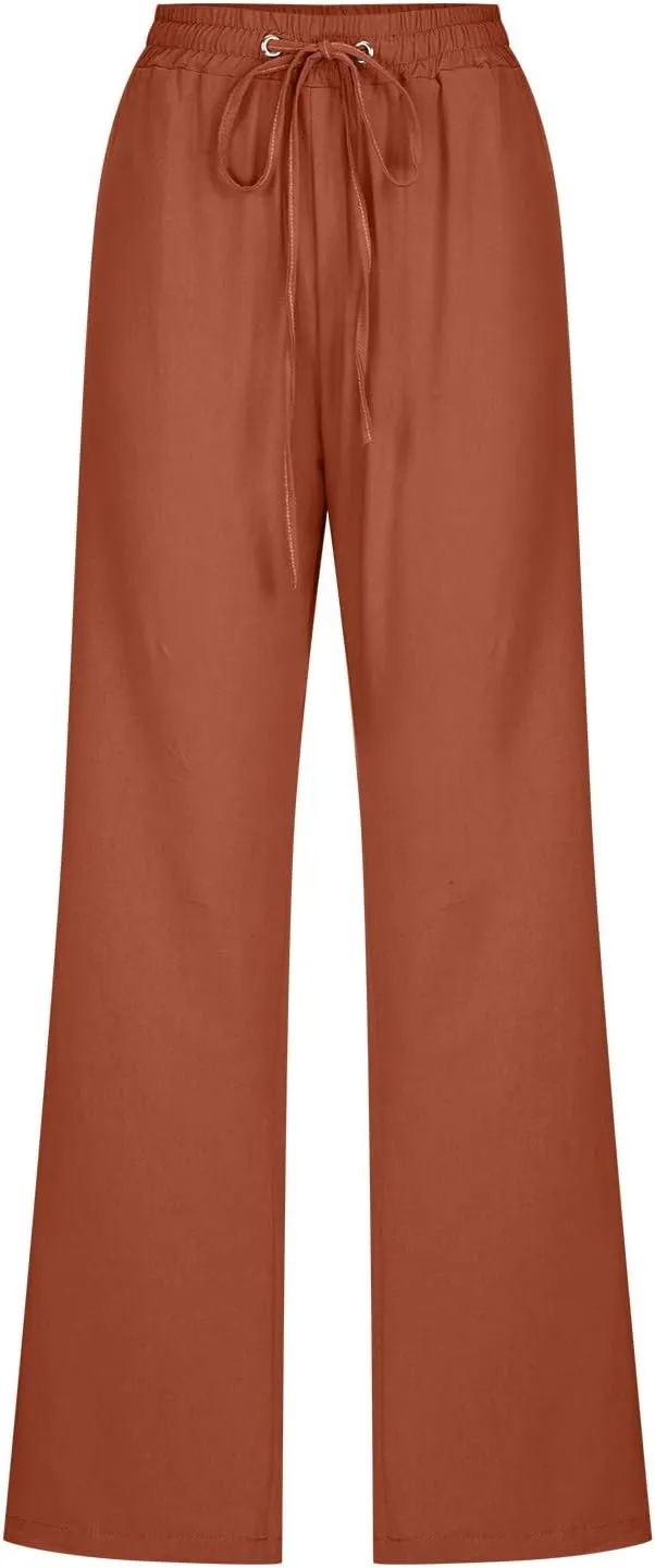 Linen Pants Women 2025 Summer Boho Straight Leg Pants Trendy Drawstring Cinch Bottom Trousers with Pockets