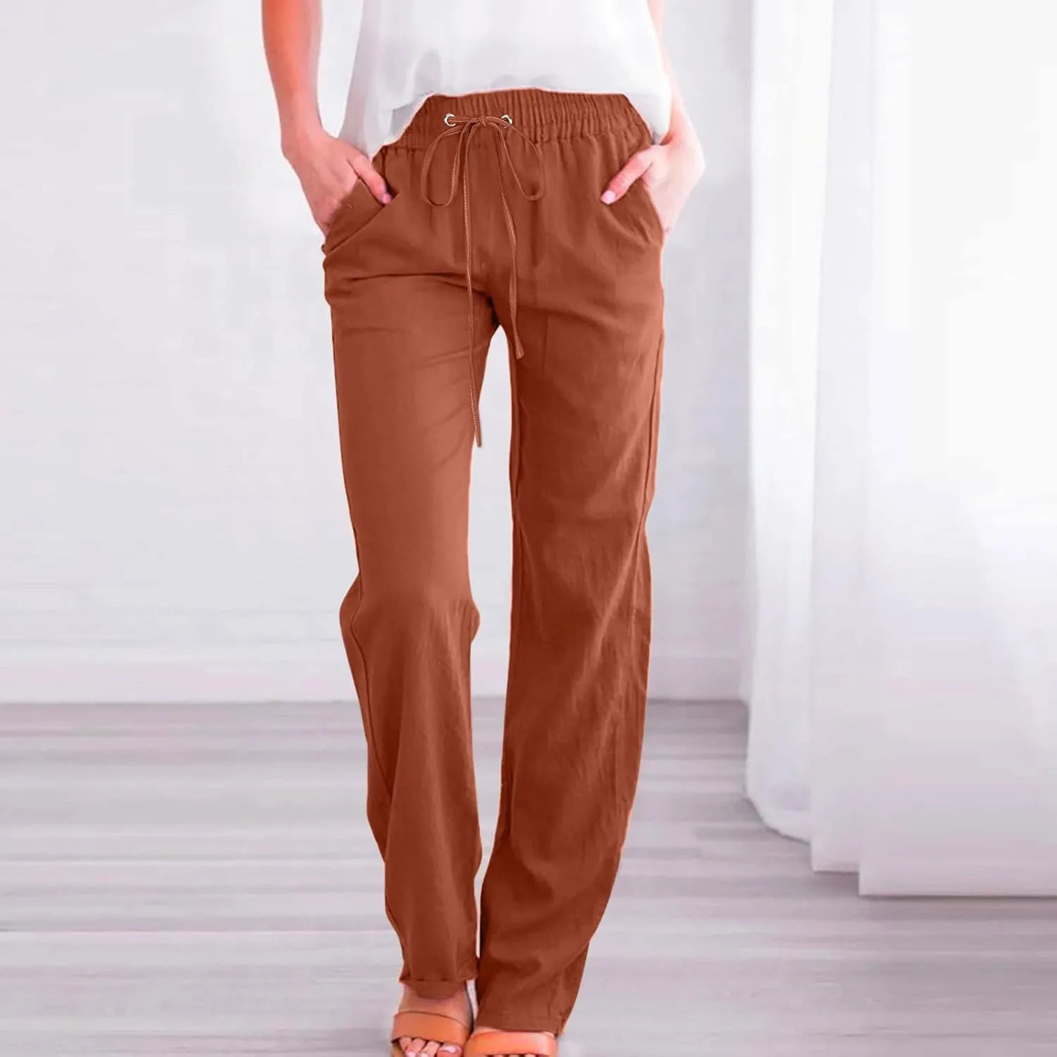 Linen Pants Women 2025 Summer Boho Straight Leg Pants Trendy Drawstring Cinch Bottom Trousers with Pockets