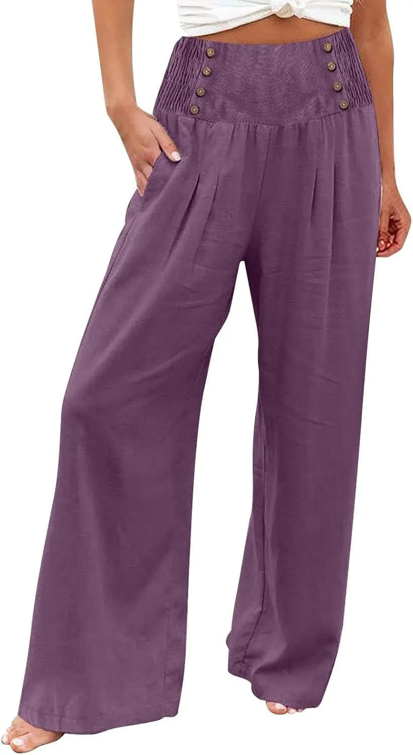 Linen Pants Women Summer Baggy Casual Wide Leg Pants Flowy Palazzo Beach Pants High Waist Work Trousers with Pockets