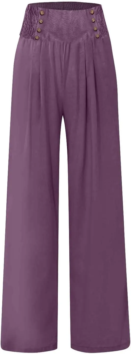 Linen Pants Women Summer Baggy Casual Wide Leg Pants Flowy Palazzo Beach Pants High Waist Work Trousers with Pockets