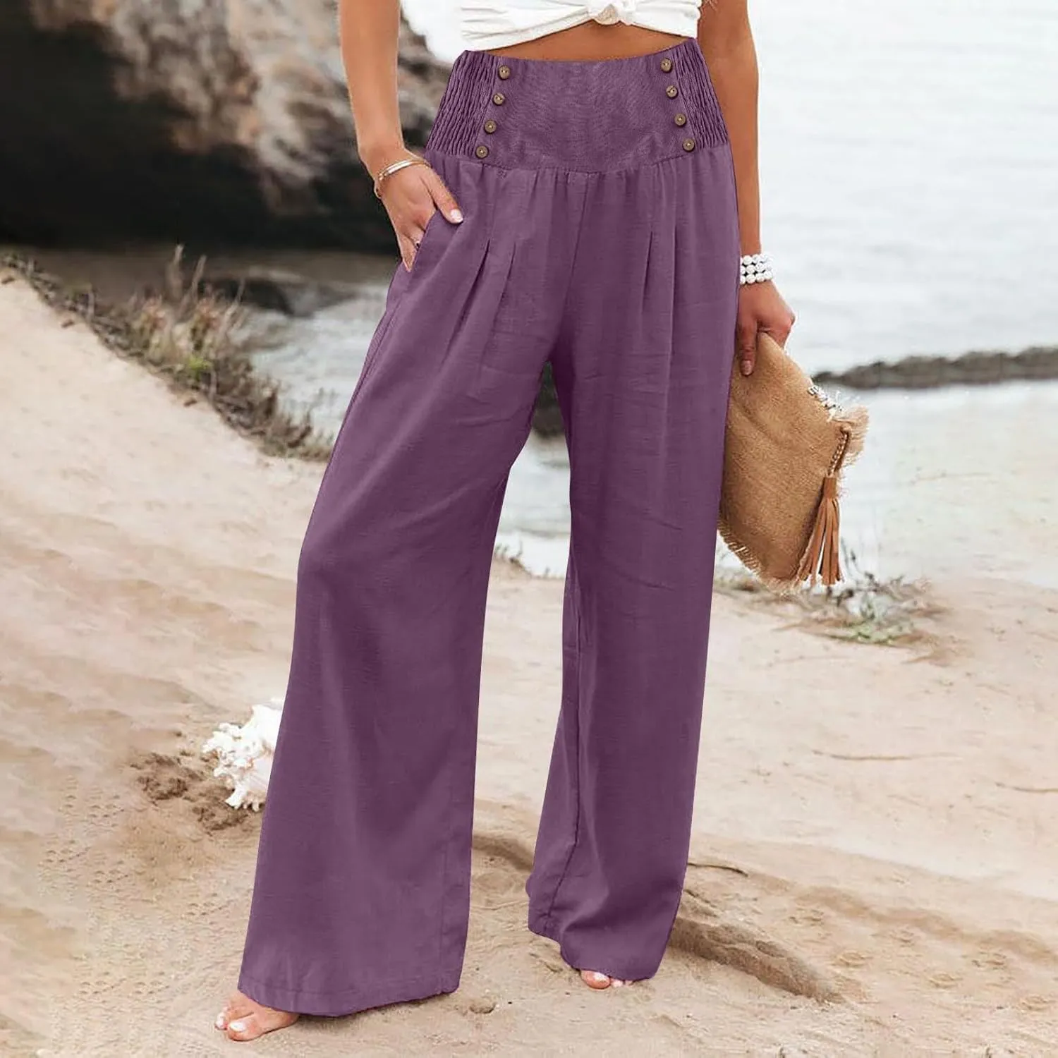 Linen Pants Women Summer Baggy Casual Wide Leg Pants Flowy Palazzo Beach Pants High Waist Work Trousers with Pockets