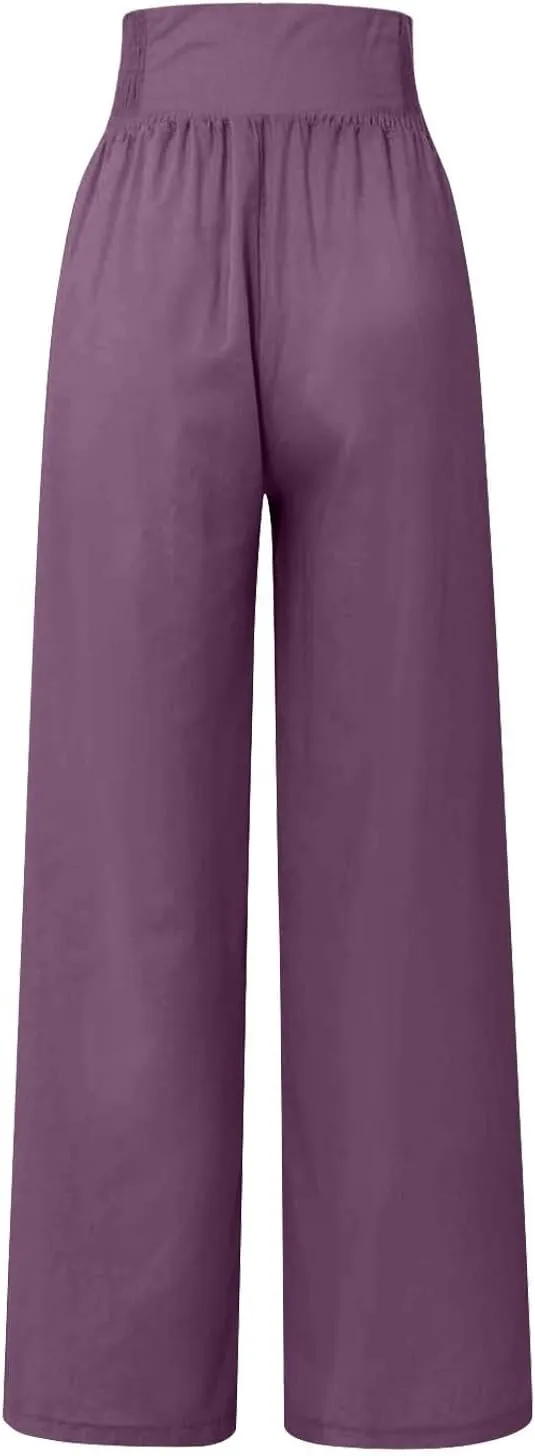 Linen Pants Women Summer Baggy Casual Wide Leg Pants Flowy Palazzo Beach Pants High Waist Work Trousers with Pockets