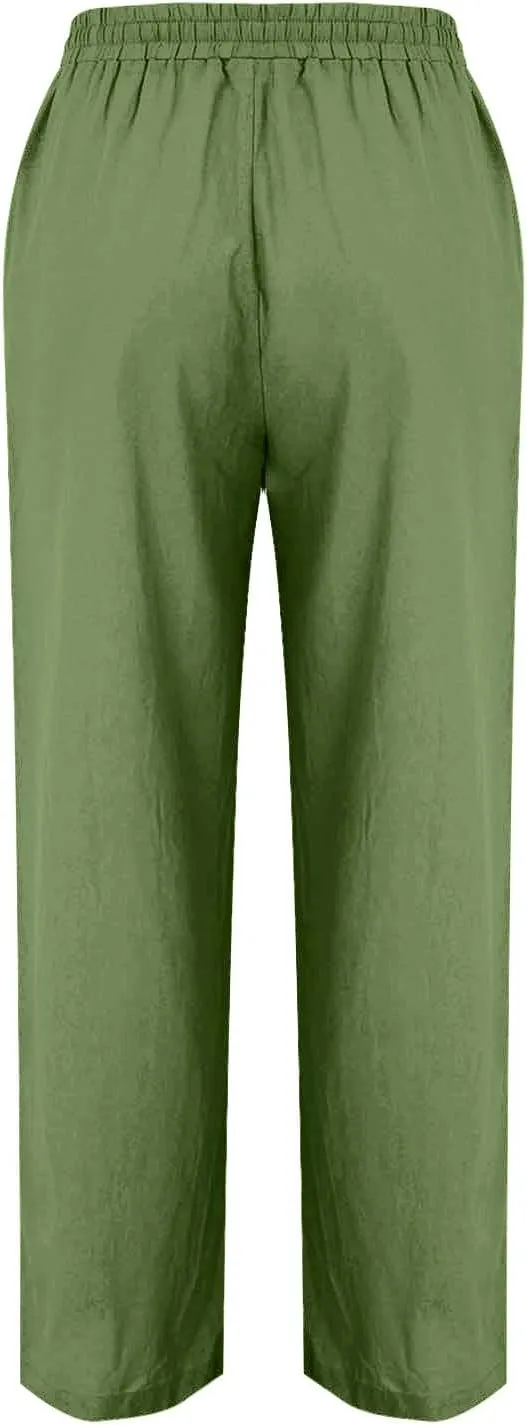 Linen Pants Women Summer Wide Leg Casual Cotton Pants High Waisted Drawstring Lounge Pants Loose Fit Beach Trousers