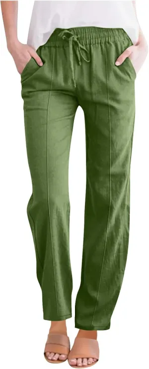 Linen Pants Women Summer Wide Leg Casual Cotton Pants High Waisted Drawstring Lounge Pants Loose Fit Beach Trousers