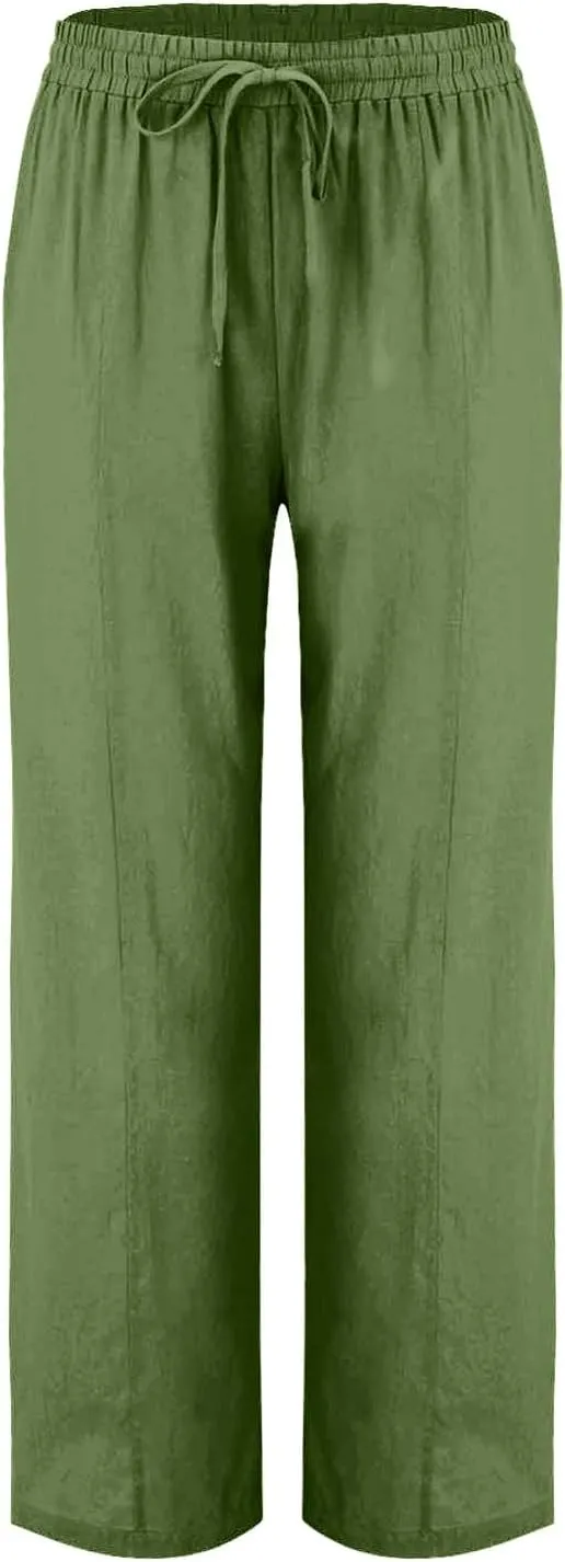 Linen Pants Women Summer Wide Leg Casual Cotton Pants High Waisted Drawstring Lounge Pants Loose Fit Beach Trousers
