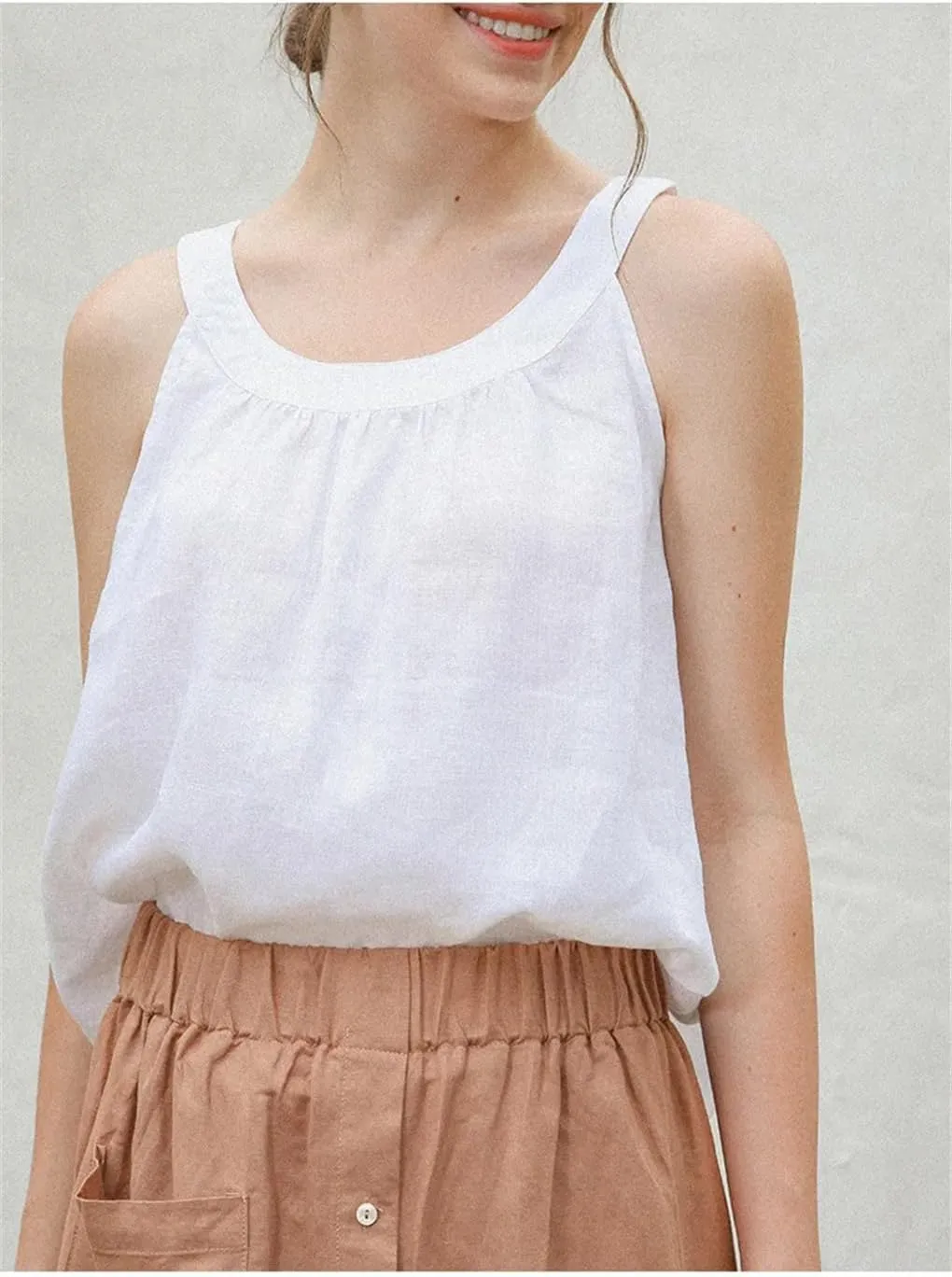 Linen Tops Women Casual Solid Sleeveless Top Casual Sleeveless Shirts Scoop Spaghetti Strap Camisoles