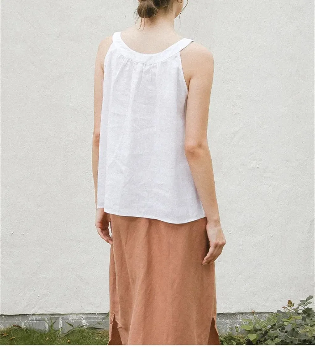 Linen Tops Women Casual Solid Sleeveless Top Casual Sleeveless Shirts Scoop Spaghetti Strap Camisoles
