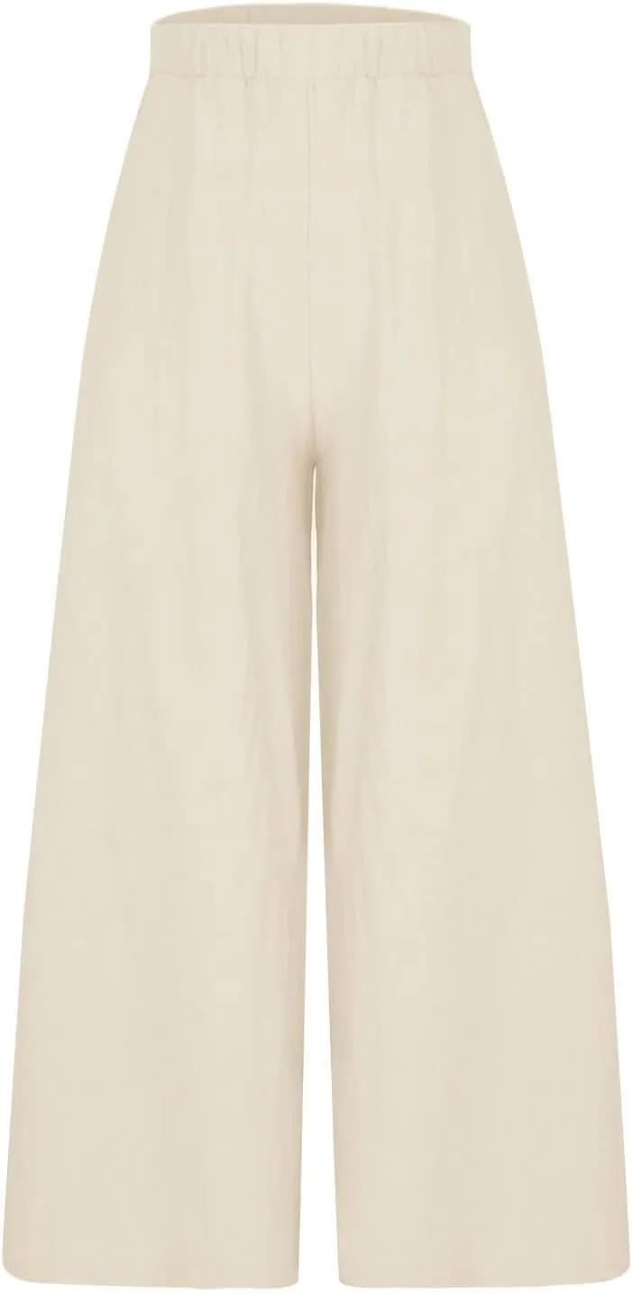 Linen Wide Leg Pants for Women Casual Summer Elastic High Waisted Flowy Beach Pants Loose Lounge Trousers Plus Size