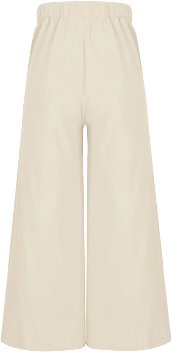 Linen Wide Leg Pants for Women Casual Summer Elastic High Waisted Flowy Beach Pants Loose Lounge Trousers Plus Size