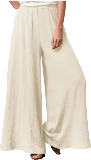 Linen Wide Leg Pants for Women Casual Summer Elastic High Waisted Flowy Beach Pants Loose Lounge Trousers Plus Size