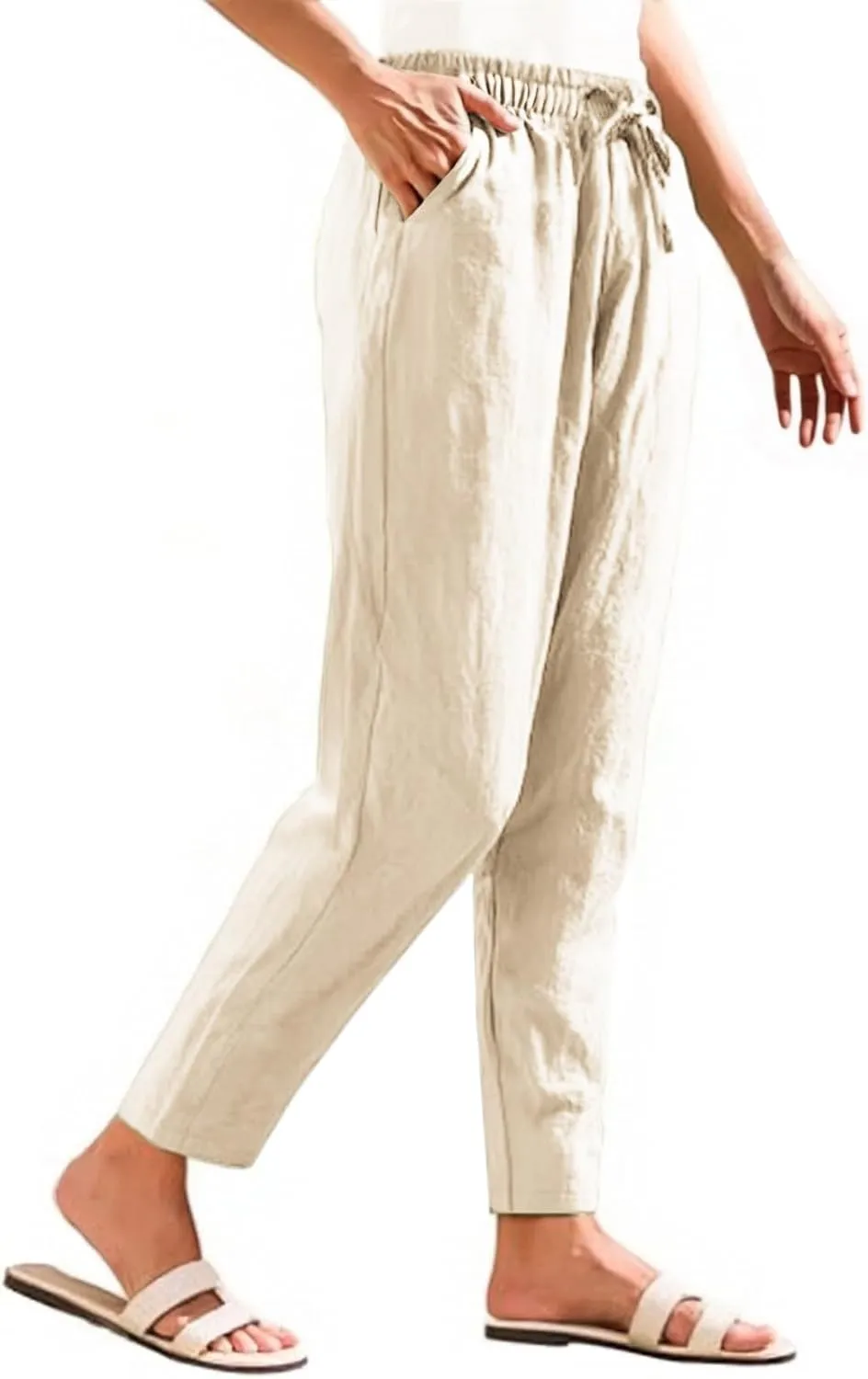 Linen Wide Leg Pants for Women Drawstring Casual Pants Straight Leg Linen