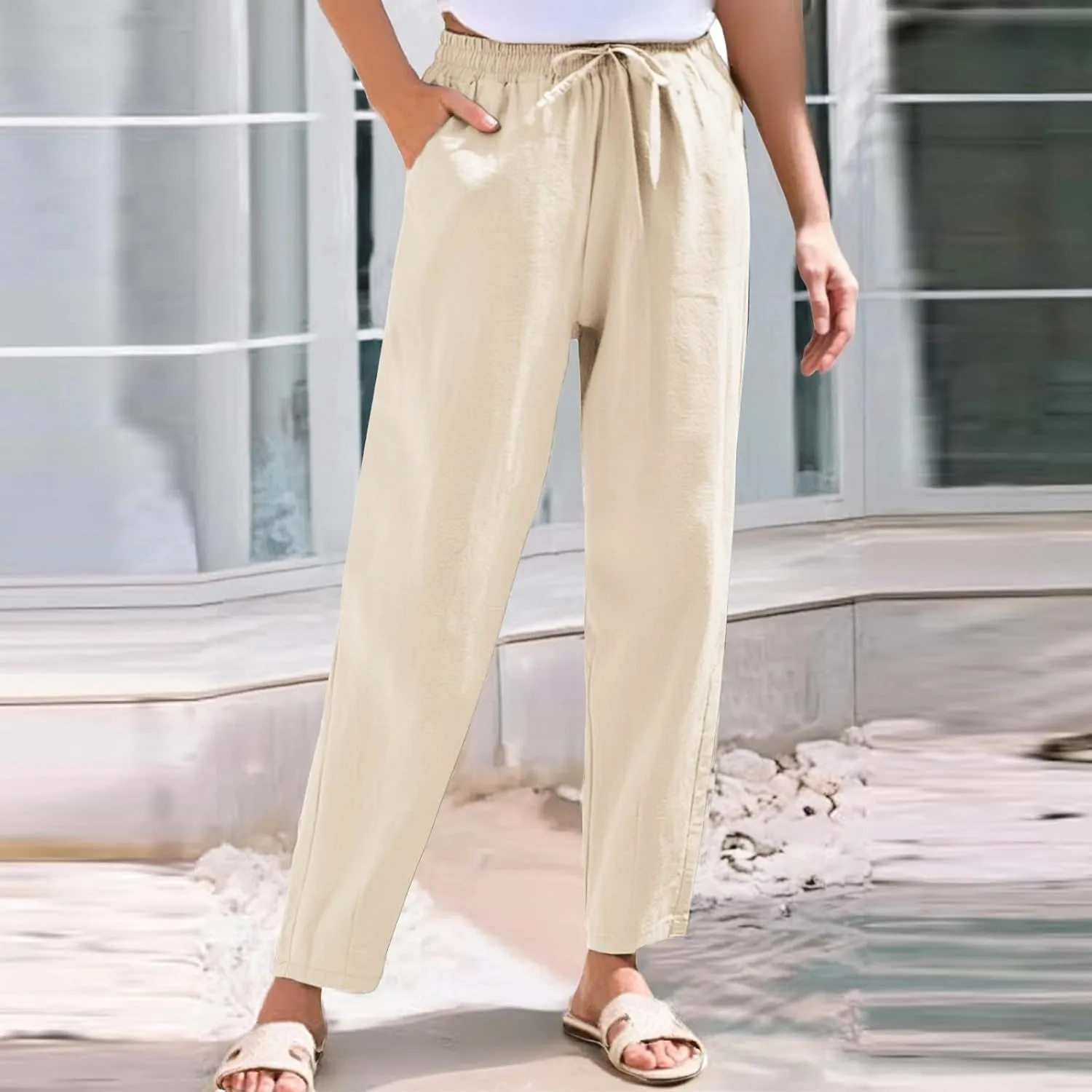 Linen Wide Leg Pants for Women Drawstring Casual Pants Straight Leg Linen